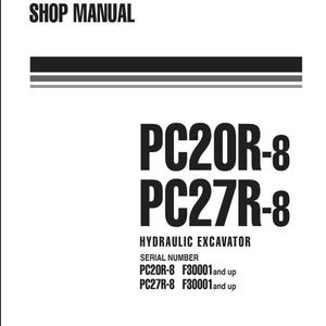 以下が含まれることがあります： 上部に「SHOP MANUAL」のテキストが入った白いショップマニュアル。このマニュアルには、油圧ショベルのモデル番号「PC20R-8」と「PC27R-8」が記載されています。シリアル番号も記載されています。