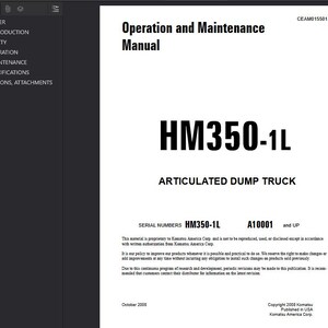 May include: A manual titled "Operation and Maintenance Manual" with the model number HM350-1L for an articulated dump truck. The cover is white with black text and a dark gray sidebar with navigation options.