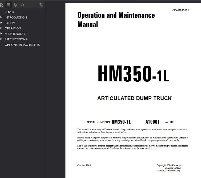 May include: A manual titled "Operation and Maintenance Manual" with the model number HM350-1L for an articulated dump truck. The cover is white with black text and a dark gray sidebar with navigation options.