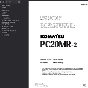 K&ouml;nnte beinhalten: Ein Werkstatthandbuch mit dem Titel "SHOP MANUAL" und dem Text "KOMATSU PC20MR-2" in fetter schwarzer Schrift. Das Handbuch enth&auml;lt Abschnitte zu Sicherheit, Struktur, Funktion und Wartung. Das Maschinenmodell ist PC20MR-2.