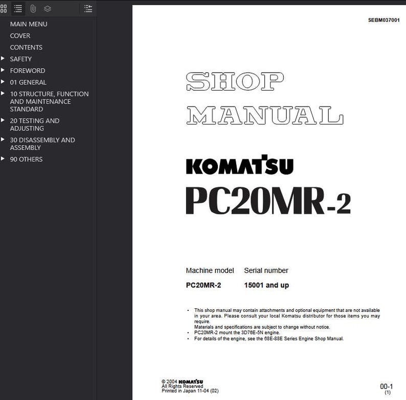 K&ouml;nnte beinhalten: Ein Werkstatthandbuch mit dem Titel "SHOP MANUAL" und dem Text "KOMATSU PC20MR-2" in fetter schwarzer Schrift. Das Handbuch enth&auml;lt Abschnitte zu Sicherheit, Struktur, Funktion und Wartung. Das Maschinenmodell ist PC20MR-2.