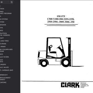 May include: A black and white diagram of a forklift with the brand name "CLARK". The diagram is from a technical manual, with the model number SM-575 and other specifications. The manual's contents are listed on the left.