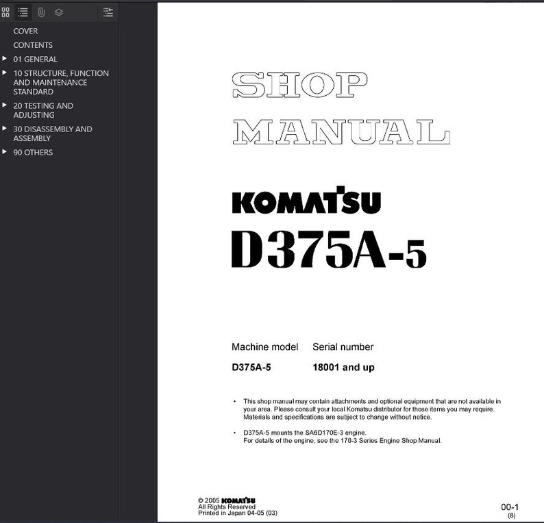 May include: A white shop manual page with the text "SHOP MANUAL" in a large font. Below is the "KOMATSU D375A-5" logo. The page includes machine model and serial number information.