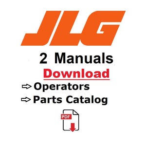 May include: Orange JLG logo above text: "2 Manuals Download" with arrows pointing to "Operators" and "Parts Catalog." A PDF icon with a downward arrow is at the bottom. The background is white.