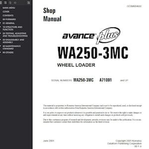 May include: A shop manual with the text "Shop Manual" at the top. The manual features the "avance plus" logo and the text "WA250-3MC WHEEL LOADER." The serial numbers are WA250-3MC A71001 and UP. The document is dated June 2001.