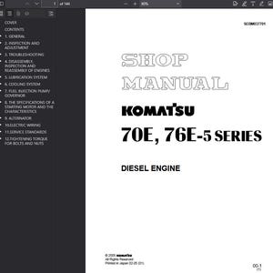 May include: A white page from a shop manual for Komatsu 70E, 76E-5 Series diesel engines. The title "SHOP MANUAL" is in large, outlined letters. The Komatsu logo and engine series are prominently displayed. The document includes a table of contents.