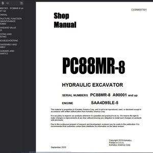 K&ouml;nnte beinhalten: Ein wei&szlig;es Werkstatthandbuch f&uuml;r einen PC88MR-8 Hydraulikbagger. Das Cover zeigt den Titel "Shop Manual" in fetter schwarzer Schrift. Das Handbuch enth&auml;lt technische Informationen, Seriennummern und Motordetails.