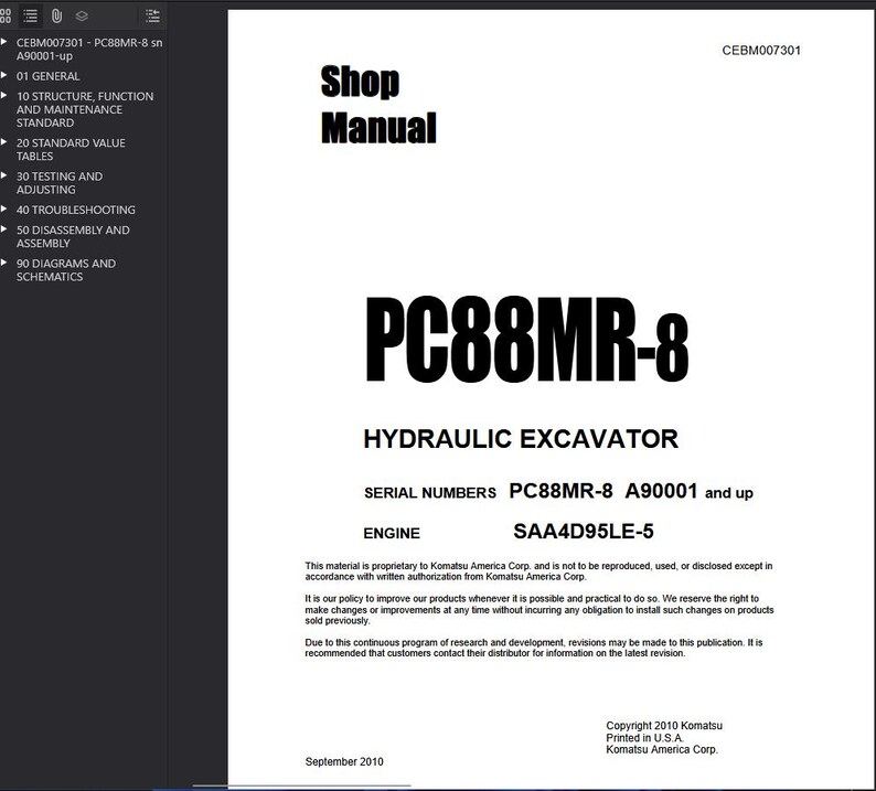 K&ouml;nnte beinhalten: Ein wei&szlig;es Werkstatthandbuch f&uuml;r einen PC88MR-8 Hydraulikbagger. Das Cover zeigt den Titel "Shop Manual" in fetter schwarzer Schrift. Das Handbuch enth&auml;lt technische Informationen, Seriennummern und Motordetails.