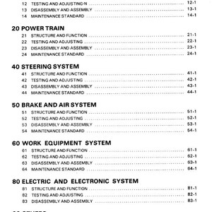 K&ouml;nnte beinhalten: Eine Seite aus einem Handbuch mit dem Titel "INHALT" mit einer Liste von Themen, darunter Motor, Antriebsstrang, Lenksystem, Brems- und Luftsystem, Arbeitsger&auml;tesystem, Elektro- und Elektroniksystem und Sonstiges.