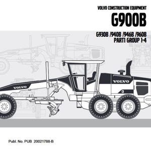 May include: A black and white line drawing of a Volvo G900B grader. The grader has a large blade at the front and a cab at the rear. The text "VOLVO" is printed on the side of the grader.