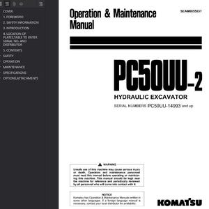 May include: A white and black manual titled "Operation & Maintenance Manual" for a PC50UU-2 Hydraulic Excavator. The manual includes safety warnings and serial number information. The Komatsu logo is visible.