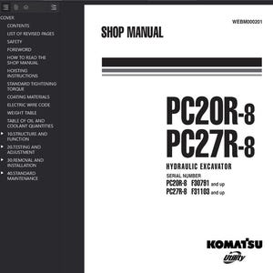 以下が含まれることがあります： 太字の黒いフォントで「SHOP MANUAL」というタイトルのショップマニュアル。マニュアルには「PC20R-8 PC27R-8 HYDRAULIC EXCAVATOR」というテキストとKomatsu Utilityのロゴが含まれています。マニュアルのシリアル番号も記載されています。