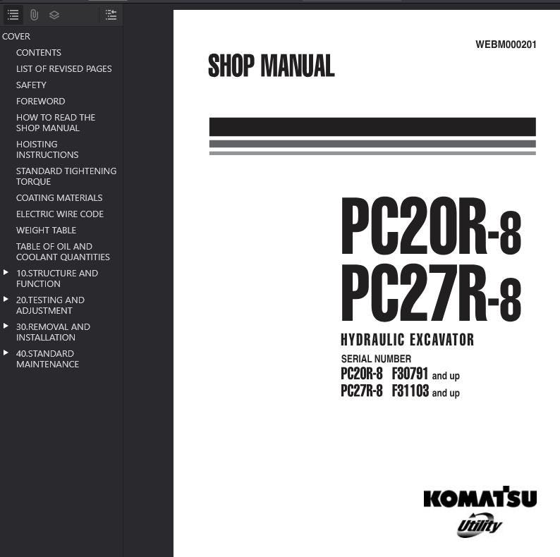 以下が含まれることがあります： 太字の黒いフォントで「SHOP MANUAL」というタイトルのショップマニュアル。マニュアルには「PC20R-8 PC27R-8 HYDRAULIC EXCAVATOR」というテキストとKomatsu Utilityのロゴが含まれています。マニュアルのシリアル番号も記載されています。