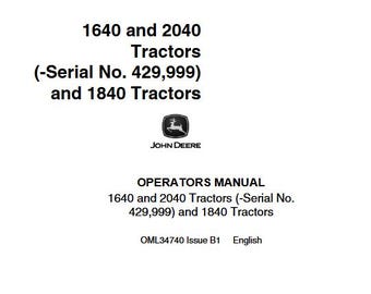 Owners - 1640 1840 2040 Tractors Operators Manual OML34740 John Deere Operations Users Instruction PDF Download