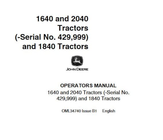 Owners - 1640 1840 2040 Tractors Operators Manual OML34740 John