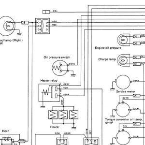 May include: A black and white schematic diagram illustrating an electrical system, featuring a headlamp, oil pressure switch, heater relay, and gauges. Text labels identify components and wiring connections.