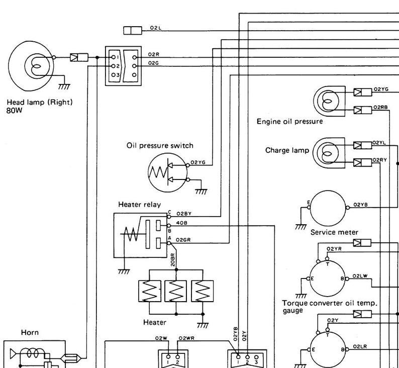 May include: A black and white schematic diagram illustrating an electrical system, featuring a headlamp, oil pressure switch, heater relay, and gauges. Text labels identify components and wiring connections.
