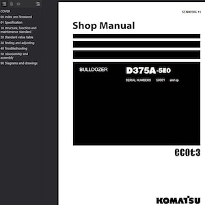 May include: A shop manual cover with the title "Shop Manual" in bold black text. Below the title is a black rectangle with the word "BULLDOZER" and the model "D375A-5E0". The Komatsu logo is at the bottom.