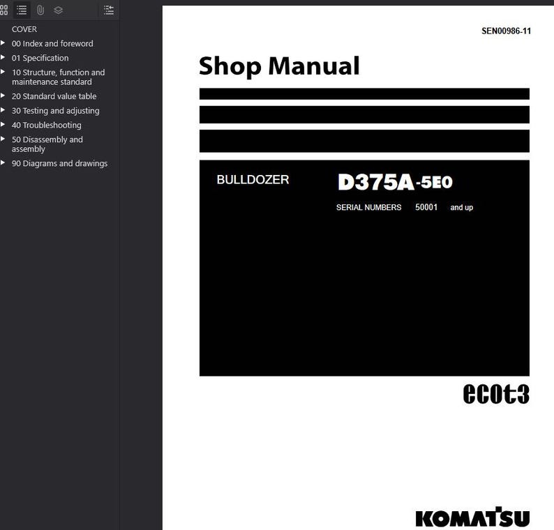 May include: A shop manual cover with the title "Shop Manual" in bold black text. Below the title is a black rectangle with the word "BULLDOZER" and the model "D375A-5E0". The Komatsu logo is at the bottom.