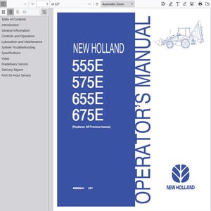 Puede incluir: Una portada de manual con el texto "NEW HOLLAND OPERATOR'S MANUAL" en blanco sobre un fondo azul. El manual cubre los modelos 555E, 575E, 655E y 675E. Un dibujo lineal de una retroexcavadora está en la esquina superior derecha.