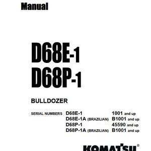 May include: A white shop manual cover with black text. The title "Shop Manual" is at the top, followed by "D68E-1 D68P-1" and "BULLDOZER". The Komatsu logo is at the bottom.