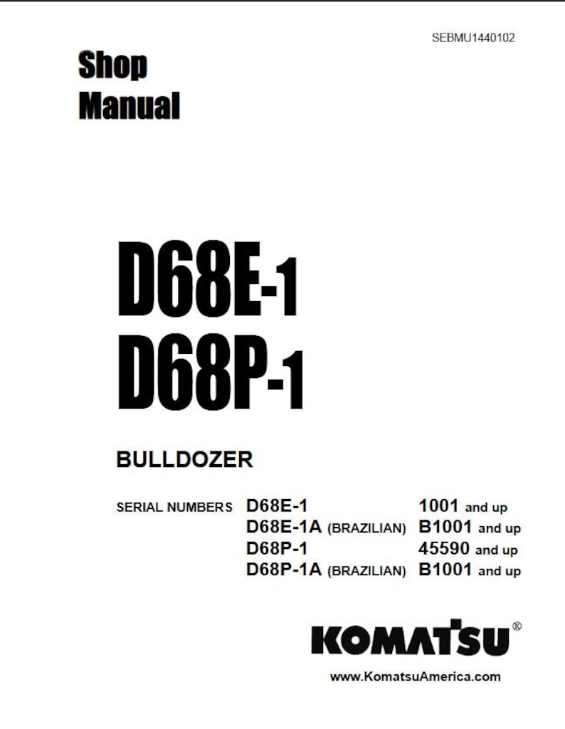 May include: A white shop manual cover with black text. The title "Shop Manual" is at the top, followed by "D68E-1 D68P-1" and "BULLDOZER". The Komatsu logo is at the bottom.