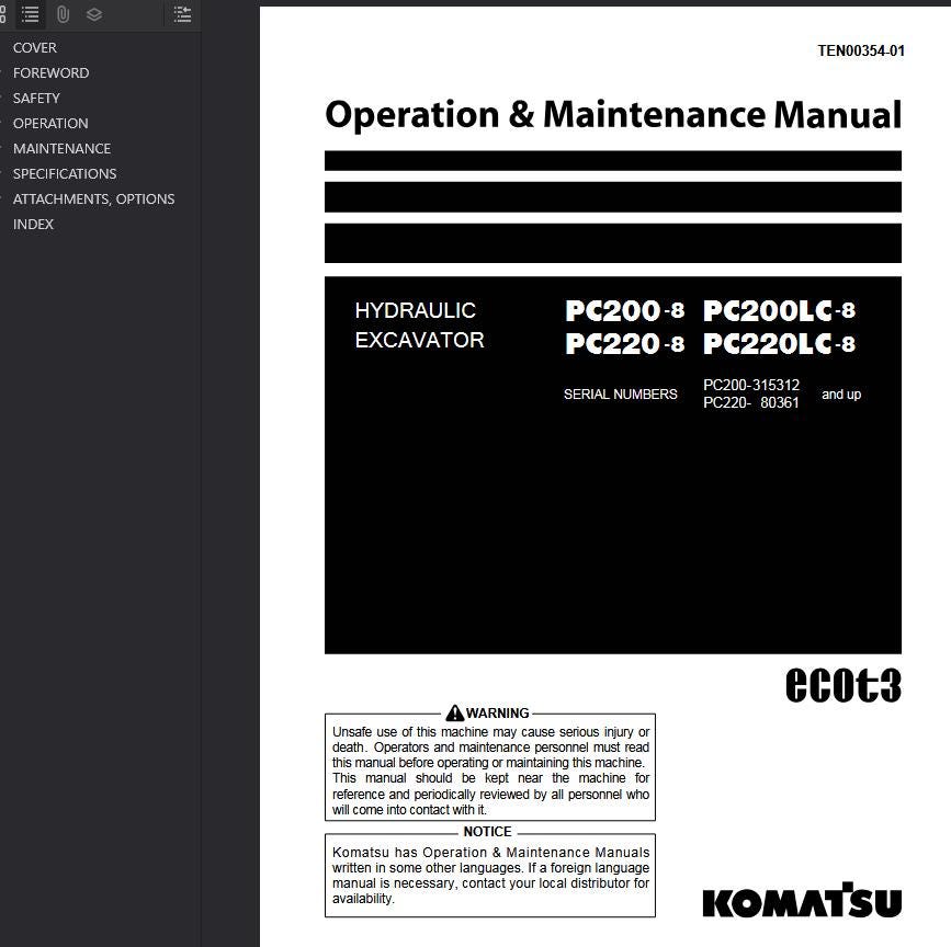 Komatsu PC200-8, PC200LC-8 Shop Manual Excavator PDF Download
