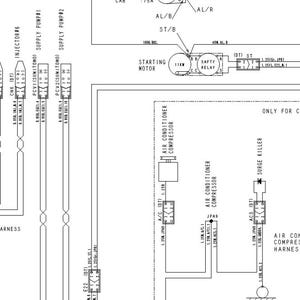 May include: A detailed schematic diagram of an automotive electrical system, featuring components like an alternator, starting motor, air conditioner compressor, and various relays and connectors. Text labels identify each part and wire connections.