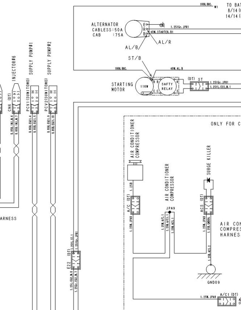 May include: A detailed schematic diagram of an automotive electrical system, featuring components like an alternator, starting motor, air conditioner compressor, and various relays and connectors. Text labels identify each part and wire connections.