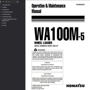 K&ouml;nnte beinhalten: Ein wei&szlig;es Handbuch mit dem Titel "Bedienungs- und Wartungshandbuch" f&uuml;r einen WA100M-5 Radlader. Das Cover enth&auml;lt das Komatsu-Logo und einen Warnhinweis zur sicheren Verwendung der Maschine. Das Handbuch enth&auml;lt Abschnitte zu Betrieb, Sicherheit und Wartung.