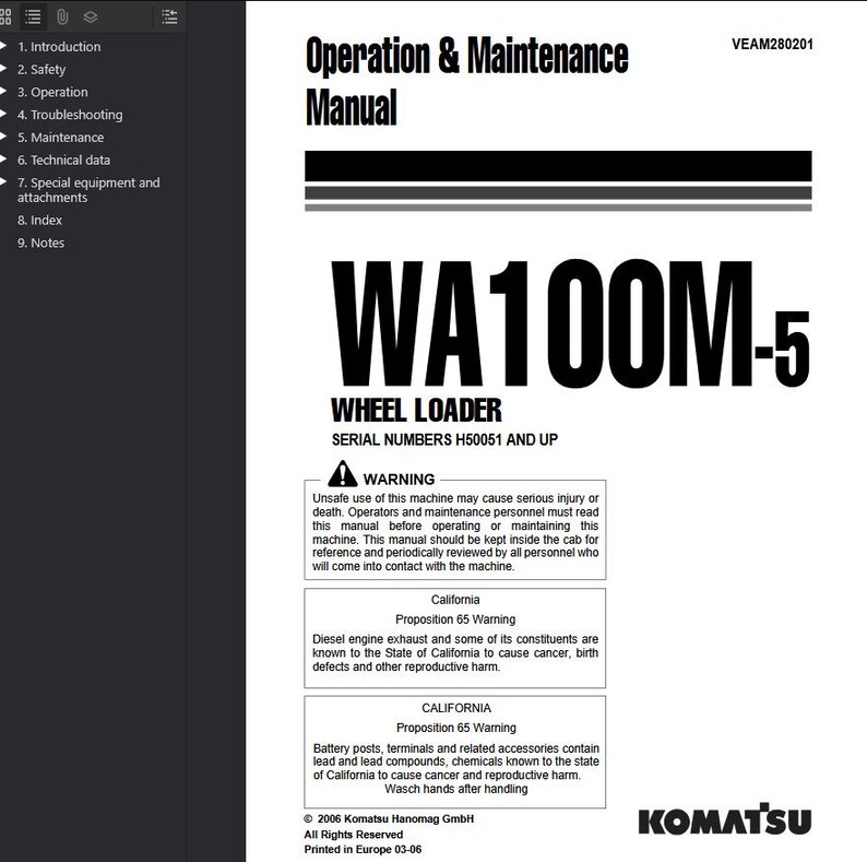 K&ouml;nnte beinhalten: Ein wei&szlig;es Handbuch mit dem Titel "Bedienungs- und Wartungshandbuch" f&uuml;r einen WA100M-5 Radlader. Das Cover enth&auml;lt das Komatsu-Logo und einen Warnhinweis zur sicheren Verwendung der Maschine. Das Handbuch enth&auml;lt Abschnitte zu Betrieb, Sicherheit und Wartung.