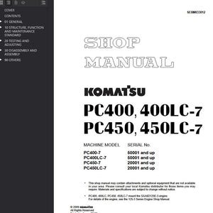 Puede incluir: Un manual de taller blanco con el título "SHOP MANUAL" en letras grandes y delineadas. El manual es para los modelos Komatsu PC400, 400LC-7, PC450 y 450LC-7. La portada también enumera los modelos de máquinas y los números de serie.