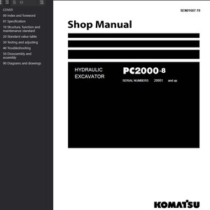 May include: A white and black Shop Manual for a hydraulic excavator. The manual includes the text "PC2000-8" and "Serial Numbers 20001 and up". The Komatsu logo is at the bottom.