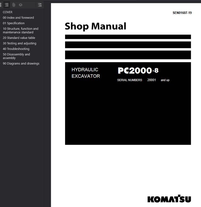 May include: A white and black Shop Manual for a hydraulic excavator. The manual includes the text "PC2000-8" and "Serial Numbers 20001 and up". The Komatsu logo is at the bottom.