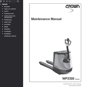 Può includere: Manuale di manutenzione per la serie WP2300. La copertina presenta un transpallet bianco e grigio con un manico nero. Il logo Crown è in alto e il titolo "Maintenance Manual" è centrato.