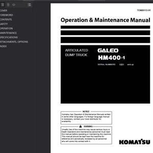 K&ouml;nnte beinhalten: Ein schwarz-wei&szlig;es Handbuch mit dem Titel "Operation & Maintenance Manual" f&uuml;r den knickgelenkten Muldenkipper Galeo HM400-1. Das Handbuch enth&auml;lt Sicherheits- und Wartungsinformationen, mit dem Komatsu-Logo unten.