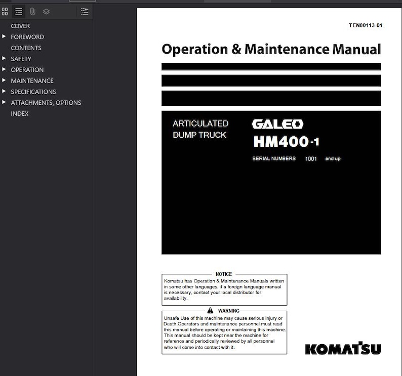 K&ouml;nnte beinhalten: Ein schwarz-wei&szlig;es Handbuch mit dem Titel "Operation & Maintenance Manual" f&uuml;r den knickgelenkten Muldenkipper Galeo HM400-1. Das Handbuch enth&auml;lt Sicherheits- und Wartungsinformationen, mit dem Komatsu-Logo unten.