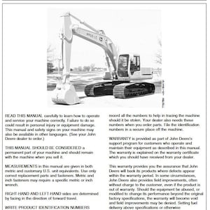 May include: A black and white image of a John Deere 690E-LC excavator. The image is accompanied by text about reading the manual, measurements, warranty, and product identification numbers.