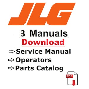May include: The image features the orange JLG logo above the text "3 Manuals Download." Below, it lists "Service Manual," "Operators," and "Parts Catalog." A PDF icon with a downward arrow is in the lower right corner.