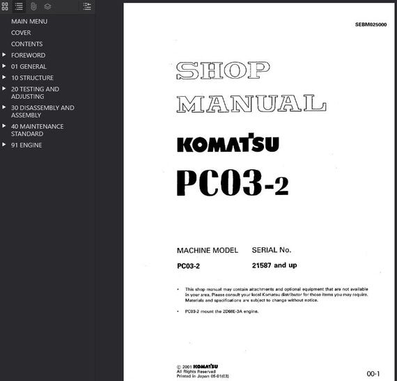 Komatsu PC03-2 Shop Manual Excavator PDF Download Service Repair