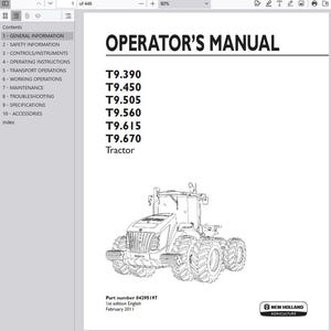 Puede incluir: Manual del operador blanco con el título "OPERATOR'S MANUAL" en negrita negra. El manual enumera los modelos de tractores T9.390, T9.450, T9.505, T9.560, T9.615 y T9.670. También se incluye un dibujo lineal de un tractor.