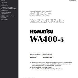 May include: A white shop manual cover with the text "SHOP MANUAL" in a large font. Below is the brand name "KOMATSU" and the model "WA400-5". The manual includes a table of contents and other technical information.