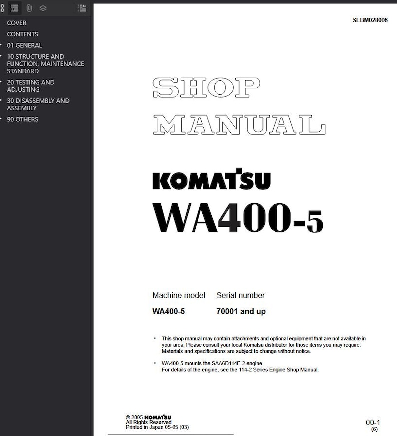 May include: A white shop manual cover with the text "SHOP MANUAL" in a large font. Below is the brand name "KOMATSU" and the model "WA400-5". The manual includes a table of contents and other technical information.
