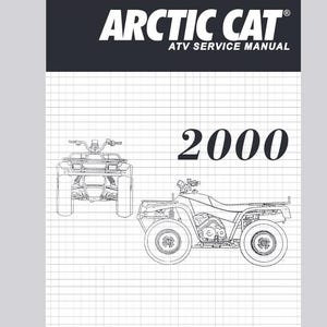 Puede incluir: Dibujo en blanco y negro de la portada de un manual de servicio de ATV Arctic Cat. La portada presenta el logotipo de Arctic Cat y el texto "Manual de servicio de ATV" y "2000".