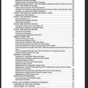 May include: A detailed table of contents from a manual, listing maintenance procedures for a machine. The text includes items like oil changes, filter replacements, and checks for various components, with page numbers.