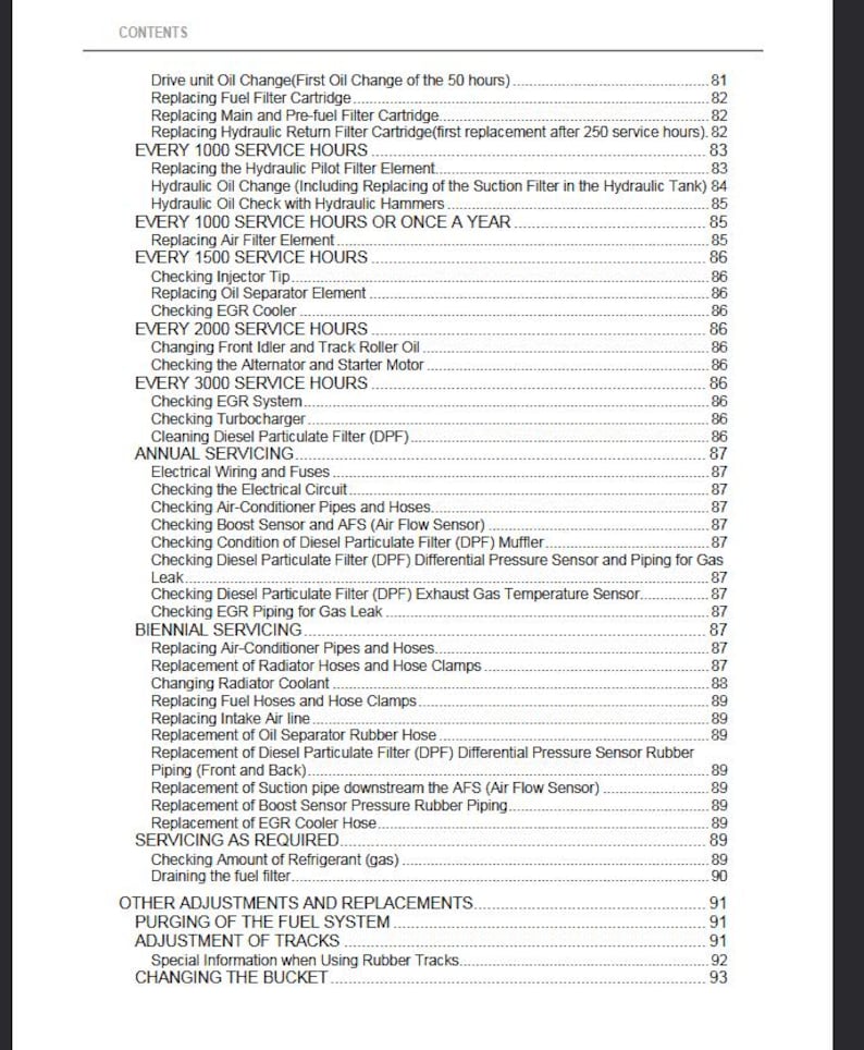 May include: A detailed table of contents from a manual, listing maintenance procedures for a machine. The text includes items like oil changes, filter replacements, and checks for various components, with page numbers.
