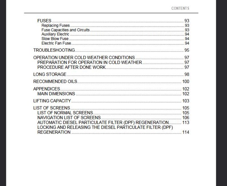 May include: A page from a manual with a table of contents. The headings include Fuses, Troubleshooting, Long Storage, and Appendices. Page numbers are listed to the right of each heading. The text is black on a white background.