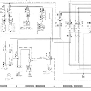 May include: Detailed schematic diagram with electrical components and wiring. Includes labels for "Travel Boost Solenoid," "PPC Lock Switch," and "Fuel Level Sensor." The diagram is in black and white with various connectors and symbols.
