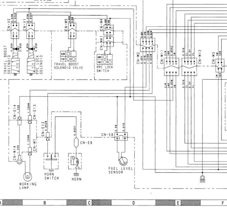 May include: Detailed schematic diagram with electrical components and wiring. Includes labels for "Travel Boost Solenoid," "PPC Lock Switch," and "Fuel Level Sensor." The diagram is in black and white with various connectors and symbols.