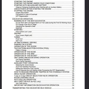 May include: A page from an excavator manual, titled "CONTENTS." The table of contents lists topics such as "Starting the Engine," "Excavator Operation," and "Anti-Theft Device." The page is white with black text.